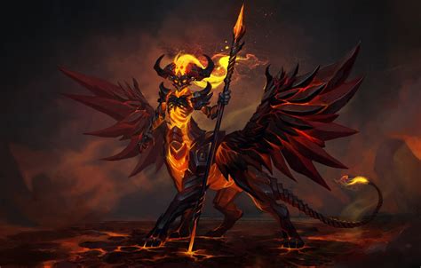 Wallpaper look, fire, the demon, fantasy, art, lava, spear images for