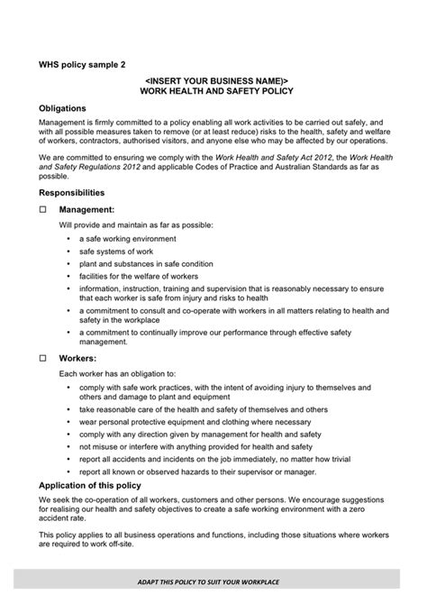 Work Health And Safety Policy Samples In Word And Pdf Formats Page 2 Of 3