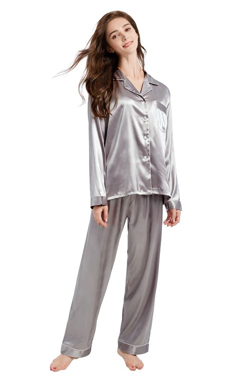 Womens Silk Satin Pajama Set Long Sleeve Gray With White Piping Tony