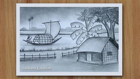 How To Draw Village Scenery With Pencil Sketch Step By Step Drawing