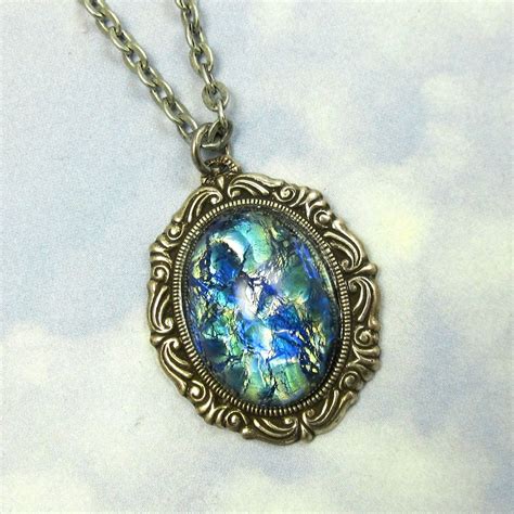 Blue Fire Opal Pendant Necklace With Vintage Glass Pendant On