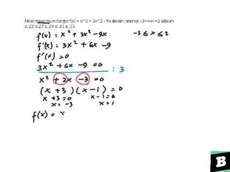 Check spelling or type a new query. Nilai maksimum fungsi f(x) = x^3 + 3x^2 - 9x dalam ...