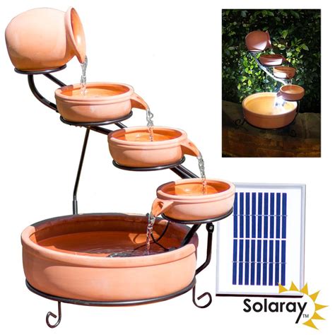 H55cm Terracotta Solar Water Feature With Battery Backup And Lights By