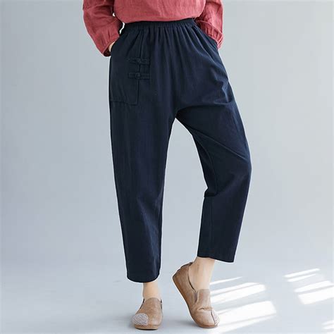 Anself Women Cotton Linen Pants Solid Color Elastic Waist Side