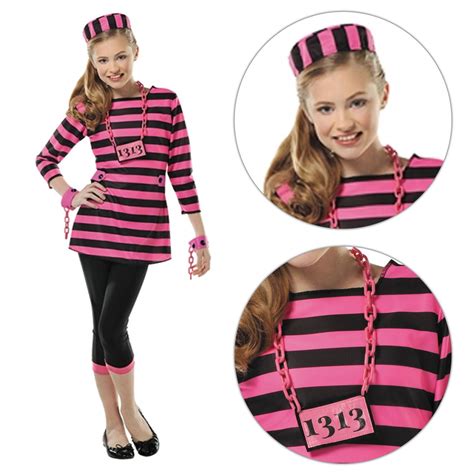 Girls Pink Prisoner Convict Teen Kids Child Fancy Dress Costume