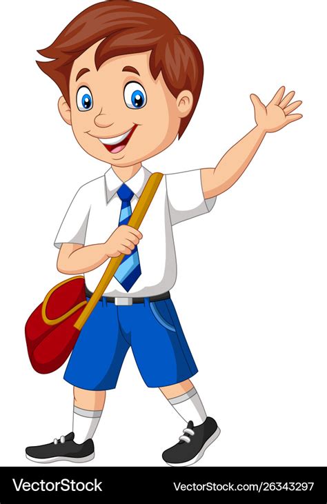 Cartoon School Boy In Uniform Waving Royalty Free Vector