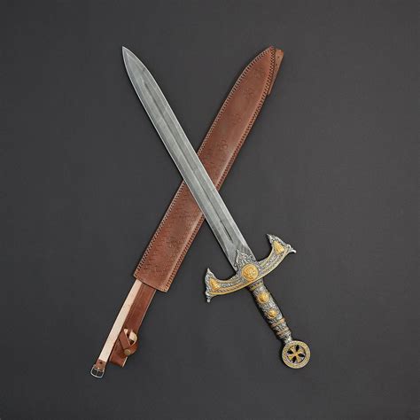 Custom Made Damascus Steel Double Edge Sword With Leather Sheath Nb
