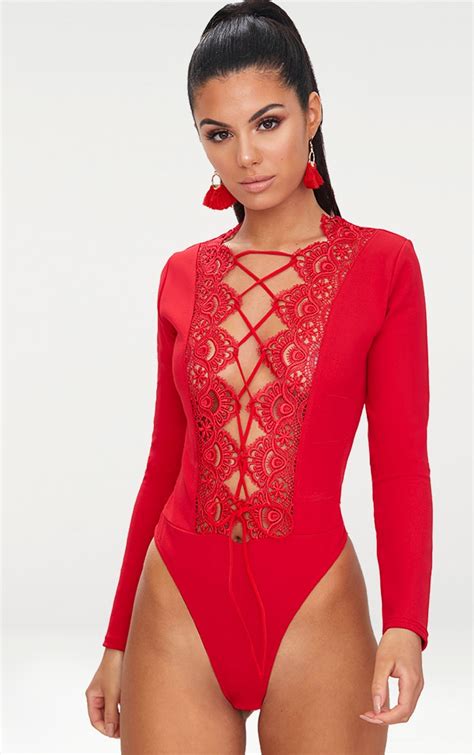 Red Lace Up Longsleeve Thong Bodysuit Prettylittlething Usa