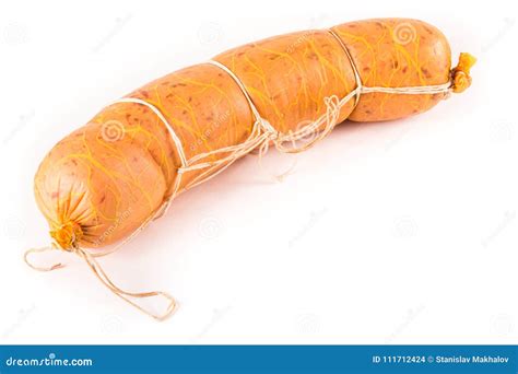 Loaf Of Sausage Bandaged With String On A White Background Isolated