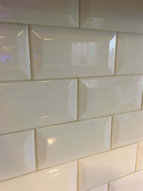 White Beveled Subway Tile With Alabaster Grout Kitchen Backsplash