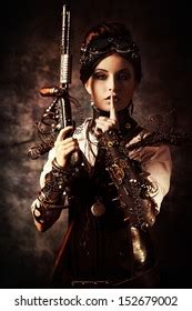Portrait Beautiful Steampunk Woman Holding Gun Stock Photo Shutterstock