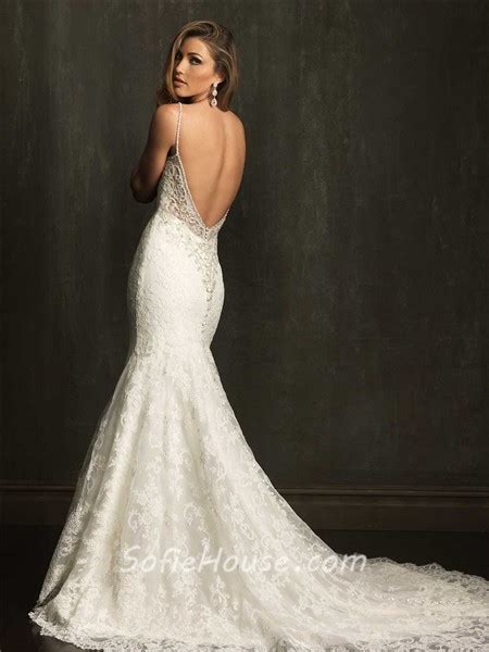 Slim Fitted Mermaid Spaghetti Straps V Neck Lace Beaded Wedding Dress