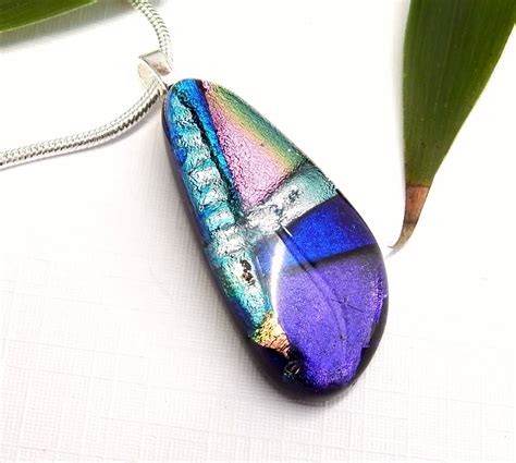 Bold Geometric Design Dichroic Glass Droplet Pendant Fused Etsy Fused Glass Jewelry