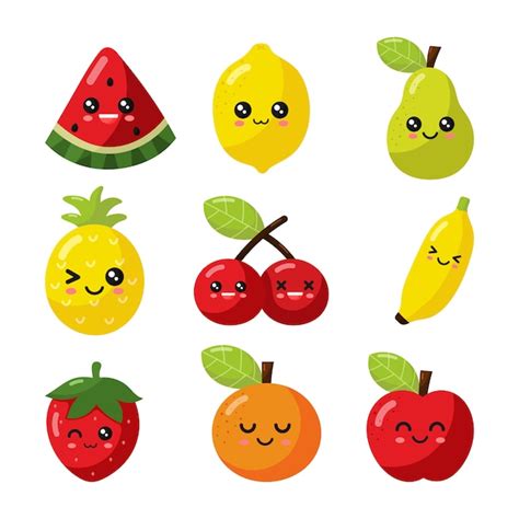 Conjunto De Frutas Kawaii Dos Desenhos Animados Isolado Vetor Premium