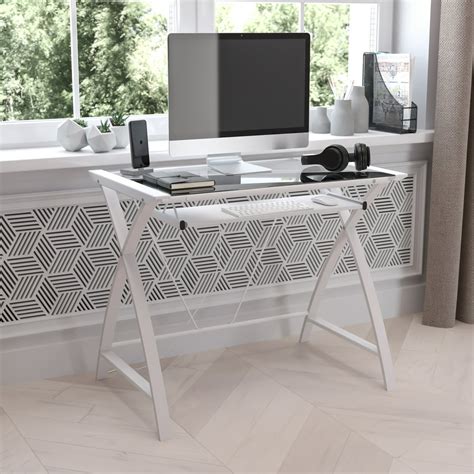 Flash Furniture Clear Tempered Glass Computer Desk With White Pull Out Keyboard Tray And White