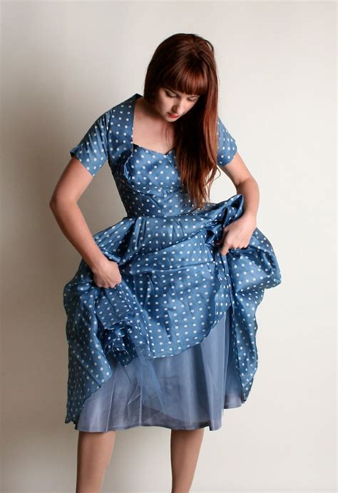 Vintage 1950s Dress Sky Blue Polka Dot Silk Party Dress Etsy
