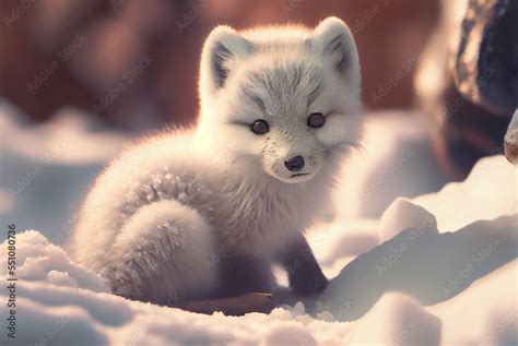 Baby Arctic Fox Vulpes Lagopus In Snow Habitat Winter Landscape