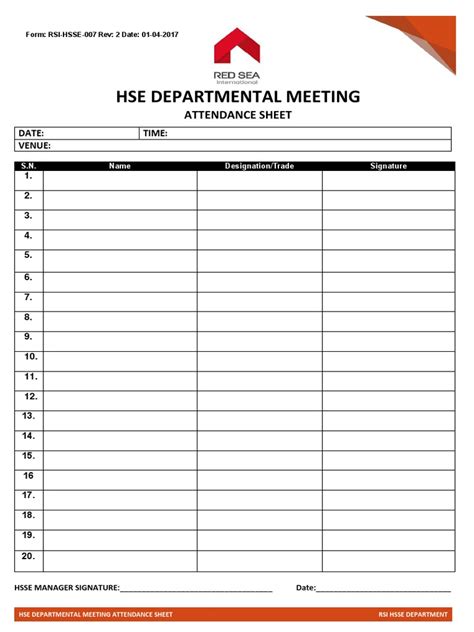 7 Hse Departmental Meeting Attendance Sheet
