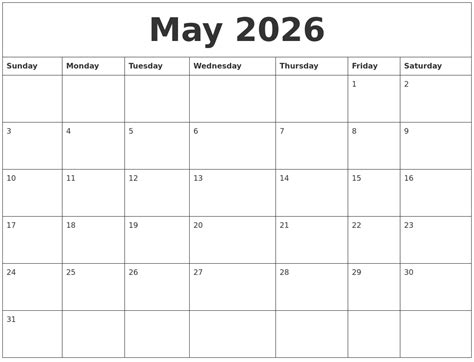 May 2026 Printable Blank Monthly Calendar