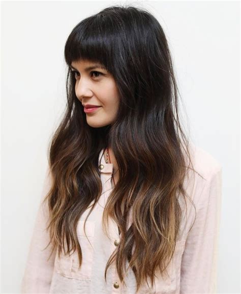 Long Brown Ombre Hair With Arched Bangs Layered Haircuts With Bangs