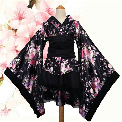 Cute Lolita Cherry Blossoms Flower Kimono Uniform Meidofuku Maid Dress
