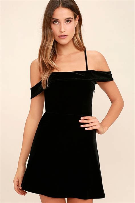 Cute Black Velvet Dress - Off-the-Shoulder Dress - Skater Dress - LBD