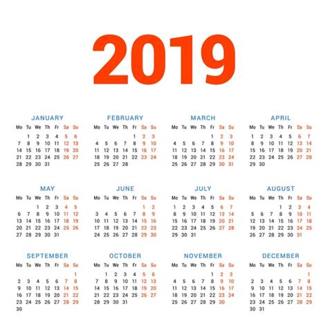 Calendar For 2019 Year On White Background Week Starts Monday Vector