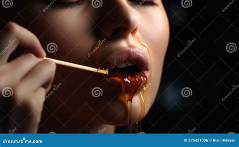 Honey Dripping From Honey Dipper On Girl Lips Thick Honey Dipping From The Wooden Honey Spoon