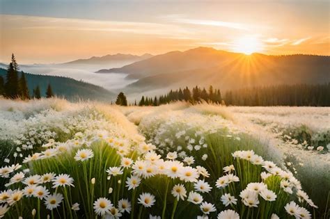 Premium Ai Image A Field Of Daisies In The Mountains At Sunset