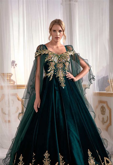 Emerald Green Golden Embroidery Long Evening Maxi Caftan Dress With