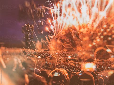 Low Fi Double Exposure Of Crowd And Fireworks At A Festival Del