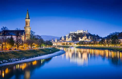 Salzburg Skyline With River Salzach In Winter Austria Stock Image
