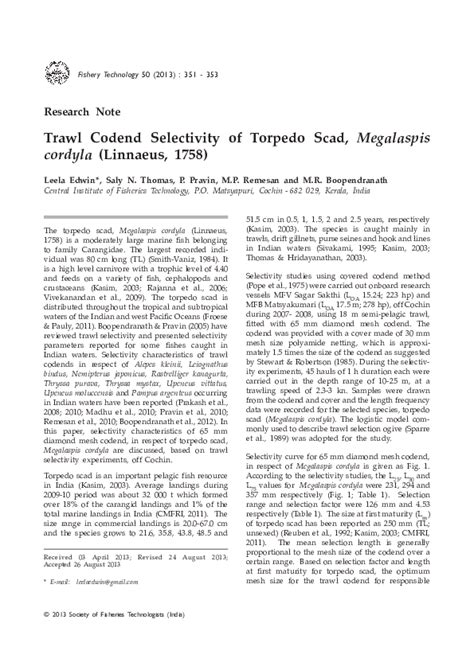 (PDF) Trawl codend selectivity of torpedo scad, Megalaspis cordyla