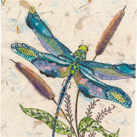 Dragonfly With Cattails Watercolor Batik Painting Dragonfly Lovers