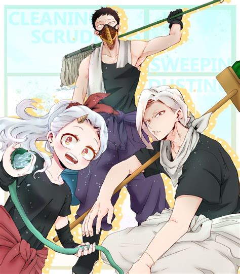 Three People With White Hair And Black Clothes One Holding A Broom