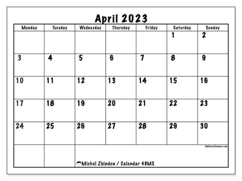April 2023 Printable Calendar “441ms” Michel Zbinden Za