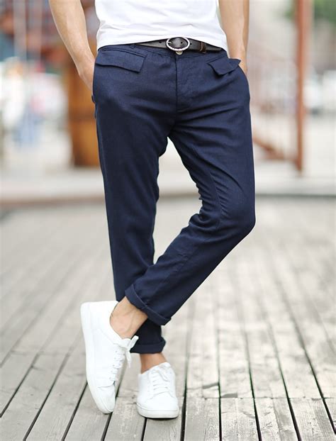 2017 Men Casual Linen Solid Color Ankle Length Pants Men Slim Fit High