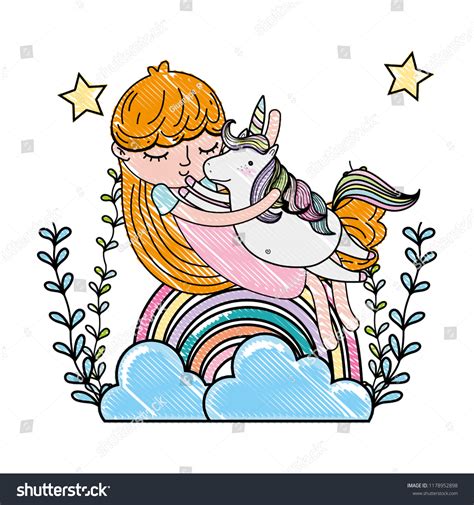 Scribbled Girl Hugging Unicorn Rainbow Branches Stock Vector Royalty