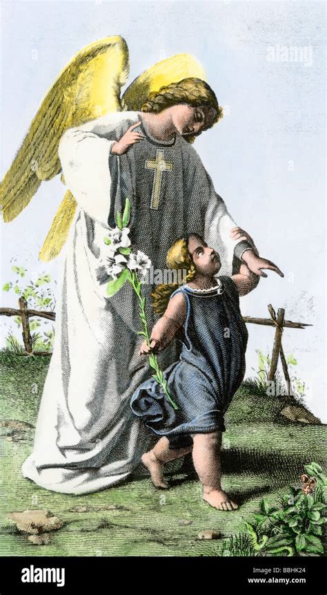 Guardian Angel Watching Over A Child Hand Colored Engraving Stock