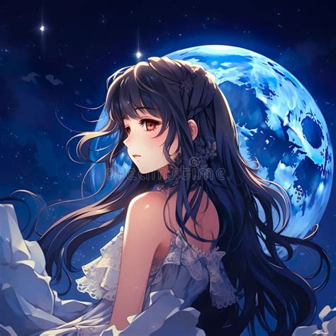 Cute Kawai Anime Character Illustration With Moon Behind Generative Ai