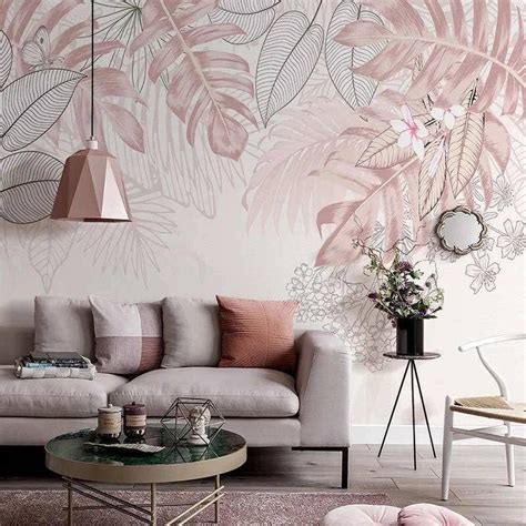 Photo Wallpaper Nordic Ins Pink Tropical Plants Hand Painted Leaves