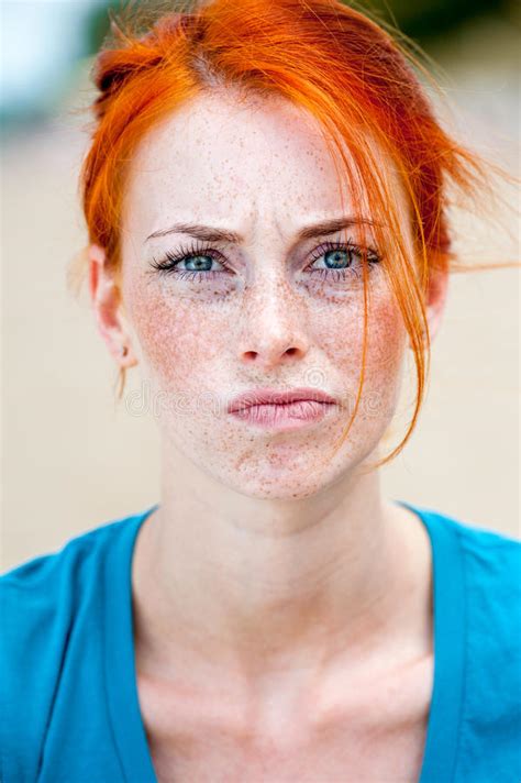 Young Redhead Beautiful Freckled Woman Troubled Stock Image Image Of