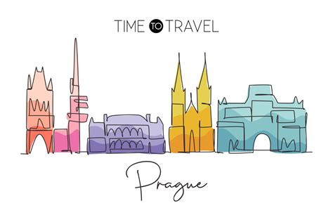 One Single Line Drawing Of Prague City Skyline Czech Republic