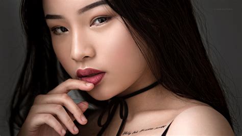 Wallpaper Women Asian Tattoo Face Portrait Finger On Lips Red Lipstick 2048x1152