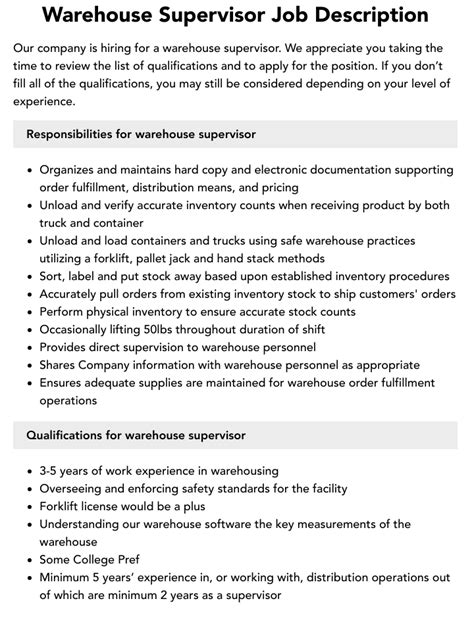 Warehouse Supervisor Job Description Velvet Jobs