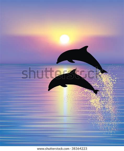 Silhouette Two Dolphins Jumping Out Water Stock Vector Royalty Free