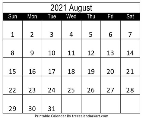 August 2021 Calendar Printable Monthly Template Free Calendar Kart