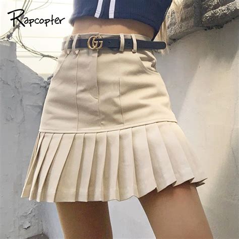Rapcopter Khaki Pleated Skirts Y2k Skirts High Waist Retro 90s Skirts