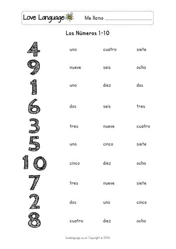 Printable Spanish Numbers 1-10 Worksheet