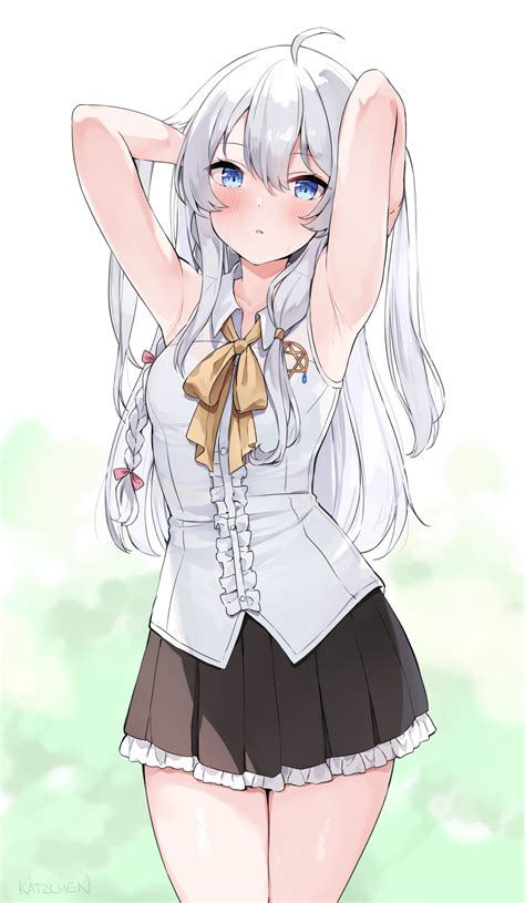 safebooru 1girl ahoge armpits arms behind head arms up bare arms bare shoulders black skirt